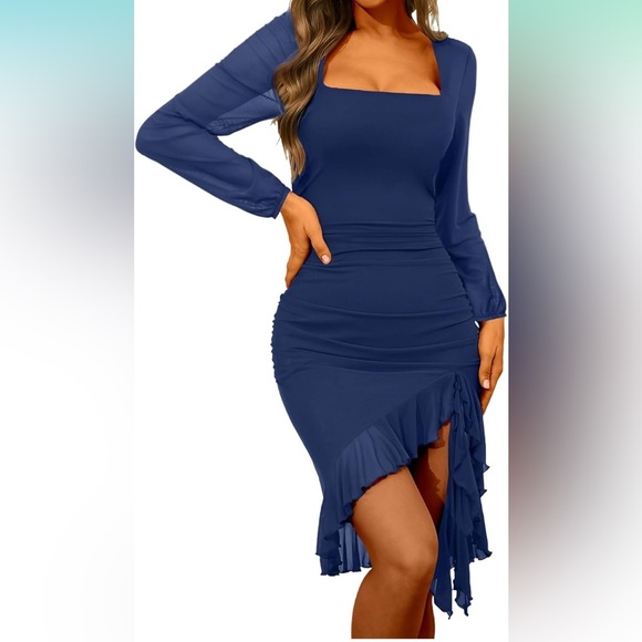 Elegant Blue Long-Sleeve Dress - Picture 4 of 4